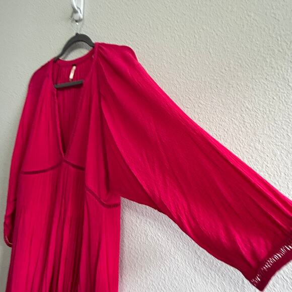 Free People Go Lightly V-Neck Swing Dress Medium Hot Pink Boho Soft Grunge Chic - Picture 5 of 13